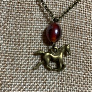 Horse Riding Vintage Red Glass Bead Necklace 18” One of a kind